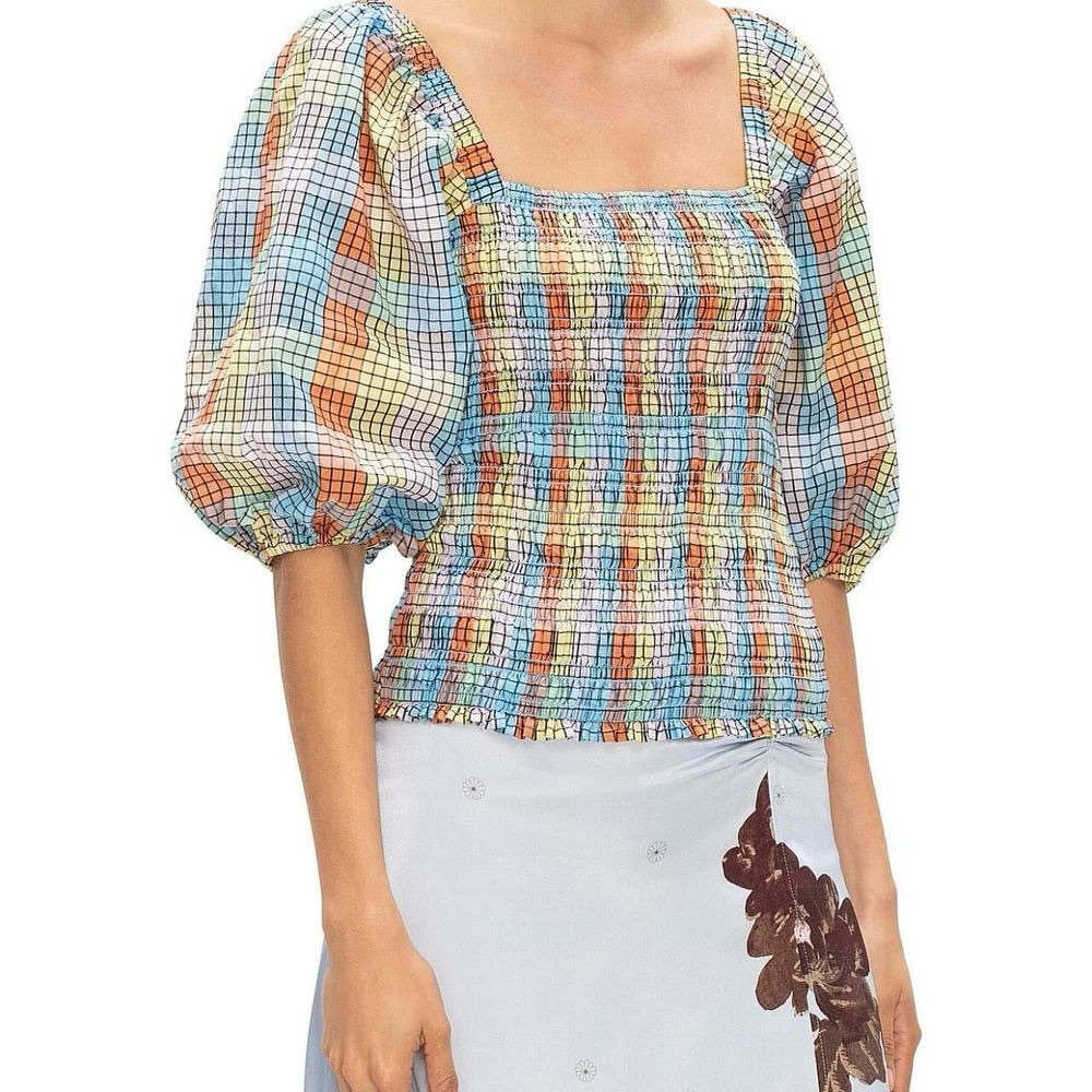GANNI seersucker check puff sleeve